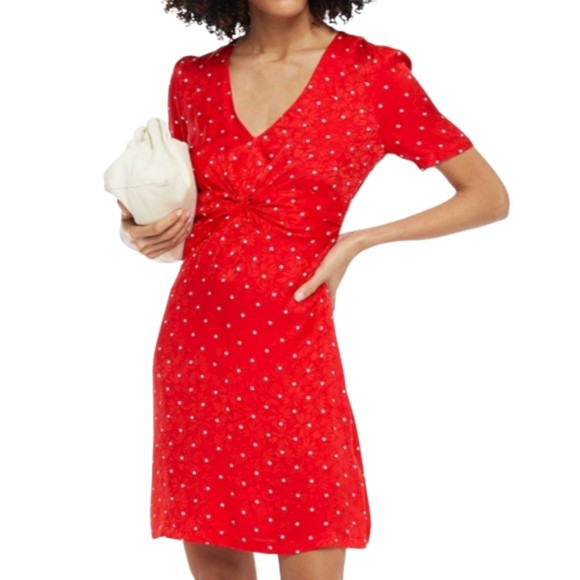 MAJE Womens Red Ripia Twist-Front Polka-Dot Floral Jacquard Mini Dress Sz Small - Picture 11 of 12